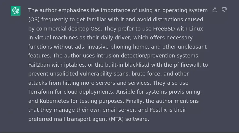 ChatGPT-3 summarizing my post, full text approach